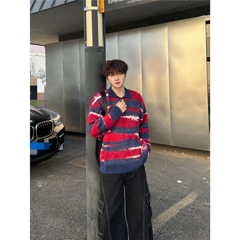 条纹仿貂毛polo领针织毛衣女秋冬美式设计感宽松慵懒上衣,男装针织衫/毛衣,星座506A