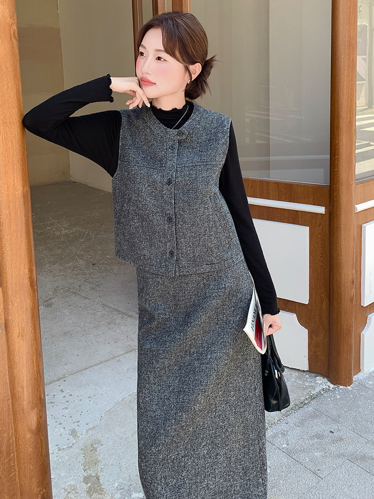 灰色高级感小香风马甲套装裙女2025秋季复古气质轻熟风毛呢三件套,女装套装/套裙,纯色衣恋
