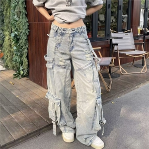 大码美式复古解构飘带工装牛仔裤女高街多口袋破洞宽松直筒阔腿裤图片