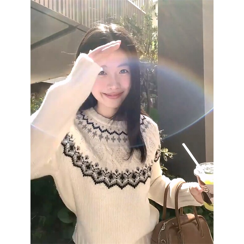 重磅秋冬装北极绒套头毛衣美式复古休闲慵懒风提花工艺针织衫外套图片