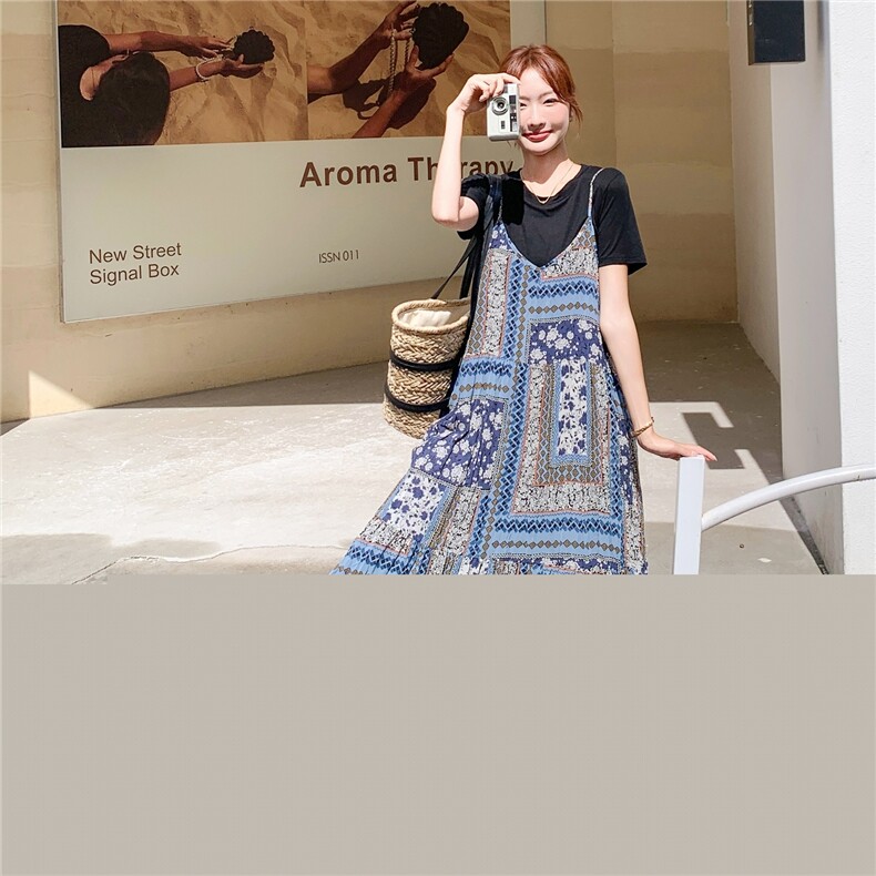 2025新款夏季复古淡人印花吊带裙套装女气质黑色T恤吊带裙两件套,女装套装/套裙,2C176