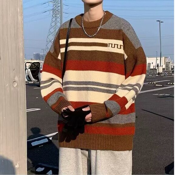M248-P46撞色条纹圆领毛衣男秋冬季日系潮牌宽松百搭复古,男装针织衫/毛衣,电商B323A
