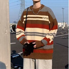 M248-P46撞色条纹圆领毛衣男秋冬季日系潮牌宽松百搭复古，男装针织衫/毛衣，电商B323A