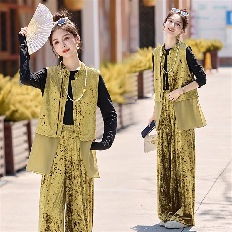 两件套女2025秋季时尚气质无袖单排扣丝绒套装,女装套装/套裙,天丝秀