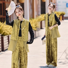 两件套女2025秋季时尚气质无袖单排扣丝绒套装，女装套装/套裙，天丝秀
