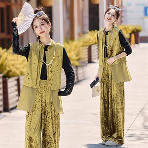 两件套女2025秋季时尚气质无袖单排扣丝绒套装图片