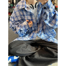 潮流复古扎染格子大码宽松长袖衬衫内搭外套C2204-P40【特价】，男装衬衫，电商A007