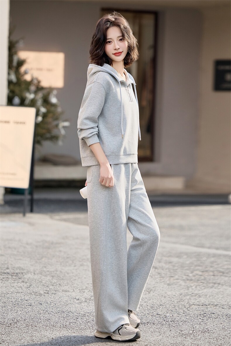 蓝色套装连帽卫衣女春装新款时尚潮流两件套直筒修身宽松休闲裤子,女装卫衣/绒衫,梦懿尔