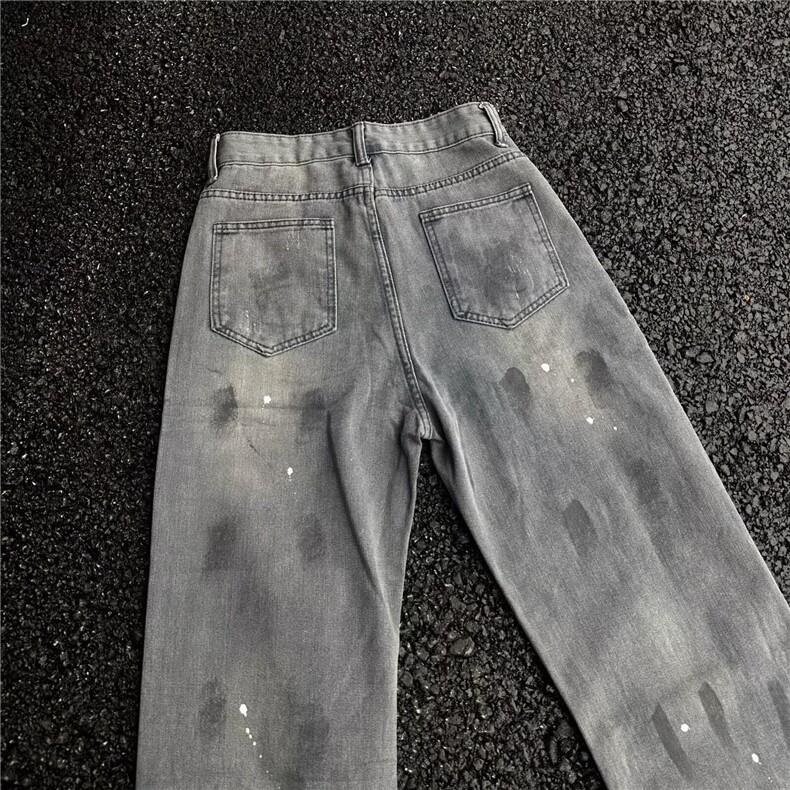 美式波点扎染高街vibe修身牛仔裤男女痞帅显瘦裤子复古微喇直筒裤,男装牛仔裤,星座601-1