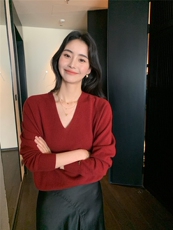 针织常规款套头单件长袖落肩袖2025年夏季V领针织衫，女装针织衫/毛衣，玛卡隆羊绒
