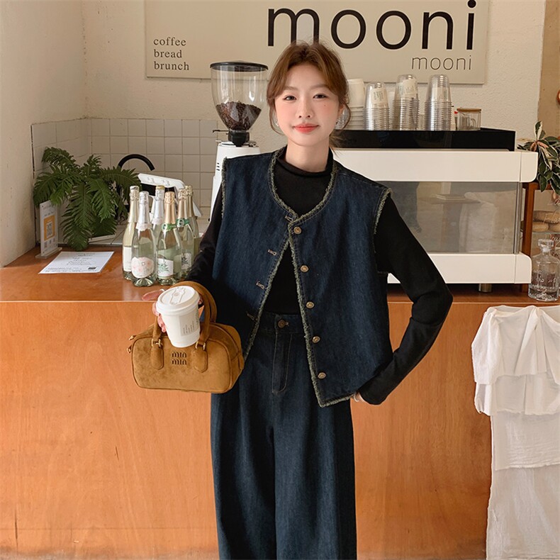 高级松弛感穿搭牛仔马甲套装女春季2025新款又a又飒阔腿裤两件套,女装套装/套裙,2C169