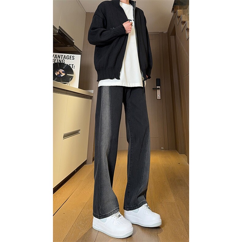 现货黑紫色拼接宽松阔腿直筒撞色休闲牛仔裤男女K5820-P50控78,男装牛仔裤,星座205