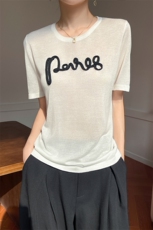 2025夏新款短袖女圆领针织半袖宽松高级感刺绣t恤上衣，女装T恤，雪真羊绒