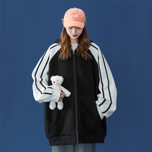 中性 秋季潮流拼接撞色宽松连帽开衫卫衣 B100  P55控78加绒P65图片