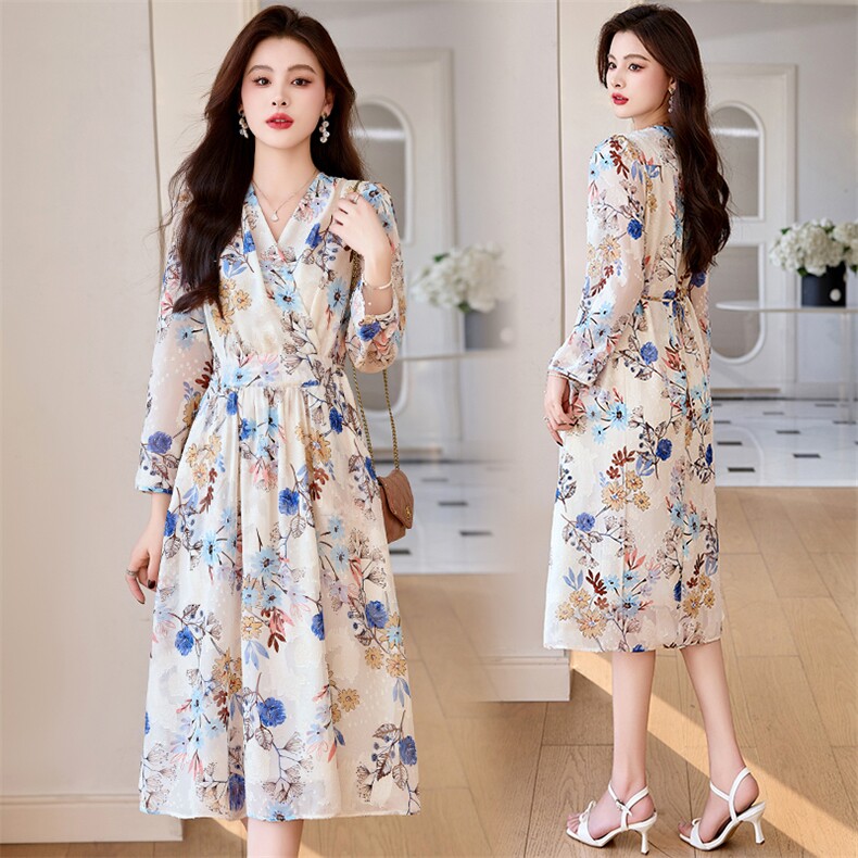 2025春季新款时尚气质抽绳收腰印花中长款A字裙交叉V领长袖连衣裙，女装连衣裙，香水丽阁