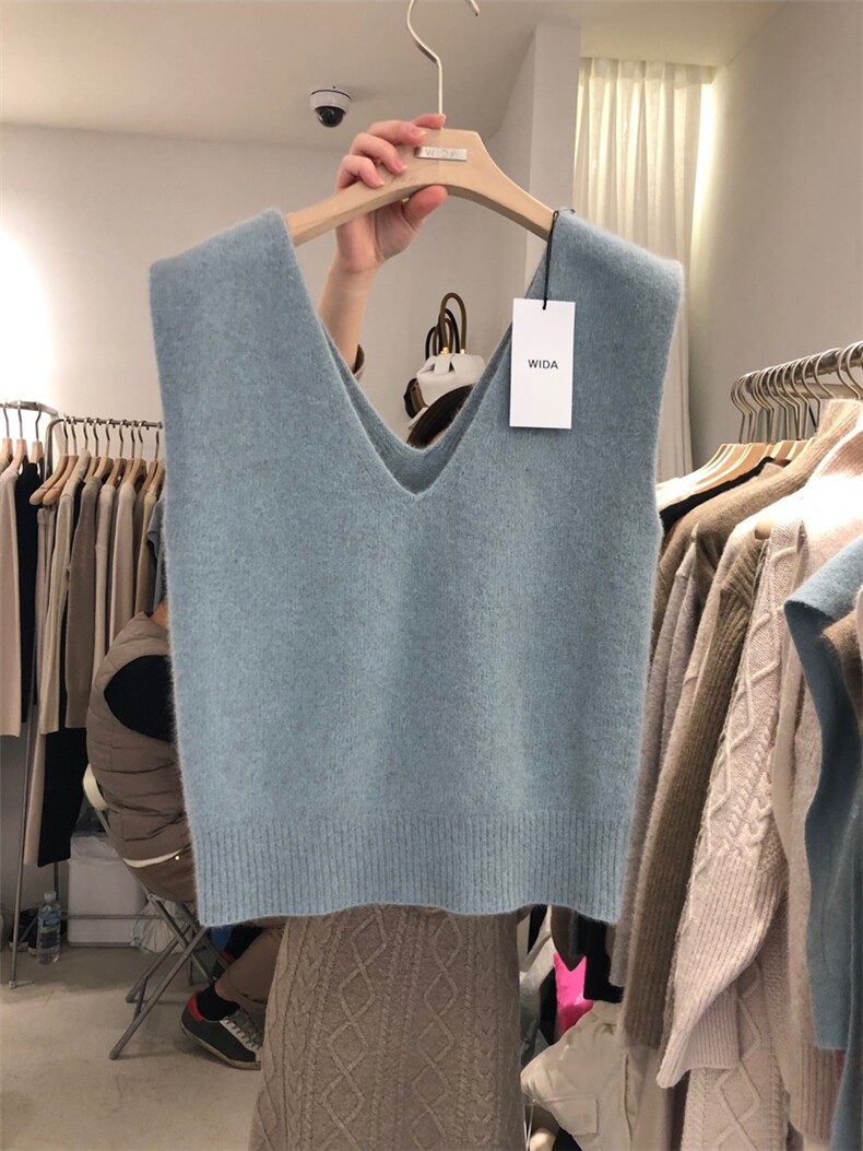 秋冬羊毛韩版宽松V领马甲女短款毛衣坎肩百搭慵懒风针织背心外搭,女装马甲,嘉日羊绒