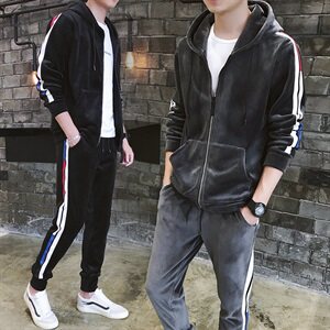 冬季加绒加厚金丝绒两件套运动服套装休闲卫衣套装男装DS297T图片