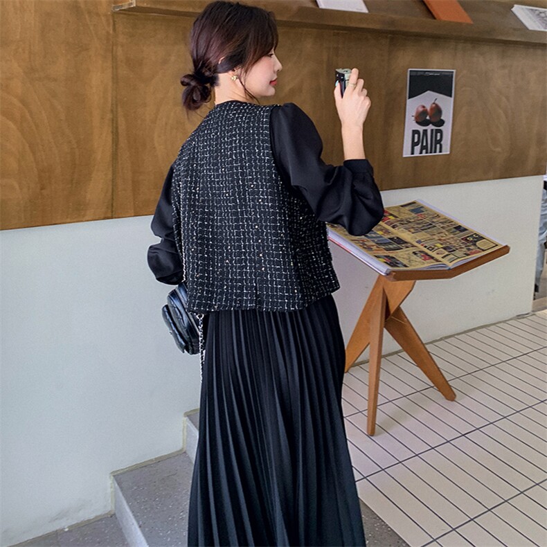 现货2D078-T1878-175K248黑色压褶连衣裙+小香风马甲真两件套,女装套装/套裙,2D078