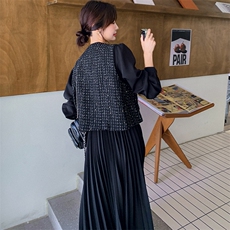 现货2D078-T1878-175K248黑色压褶连衣裙+小香风马甲真两件套，女装套装/套裙，2D078