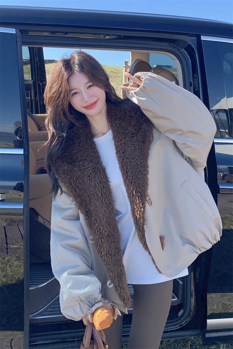 韩版大翻领工装派克服女2025年冬季新款宽松休闲加绒加厚保暖棉服,女装皮草,2B113