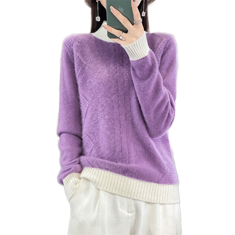 秋冬新款拼色100%羊毛衫女半高领菱形扭花羊绒衫宽松针织打底上衣,女装羊毛衫,邓利维