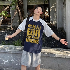 抖音得物高品质二开240克宽松纯棉美式潮牌插肩袖拼接短袖T恤，男装T恤，电商A486-1