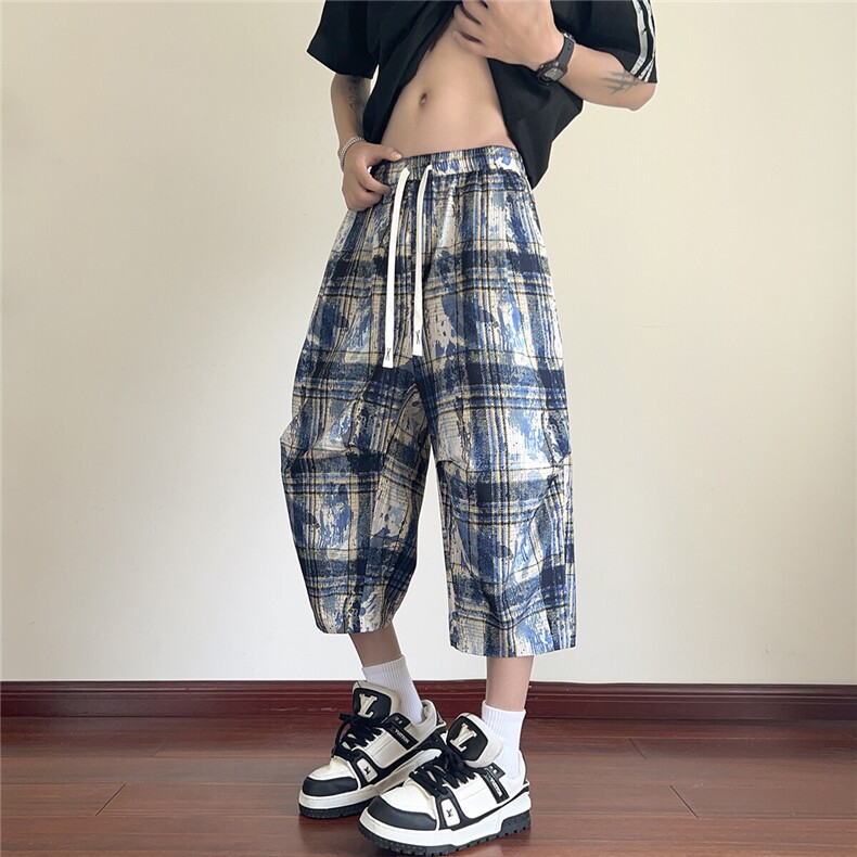 2026夏美式扎染冰丝凉感褶皱速干阔腿短裤七分裤 K9909/特P38 蓝5图片