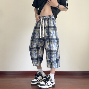 2026夏美式扎染冰丝凉感褶皱速干阔腿短裤七分裤 K9909/特P38 蓝5图片