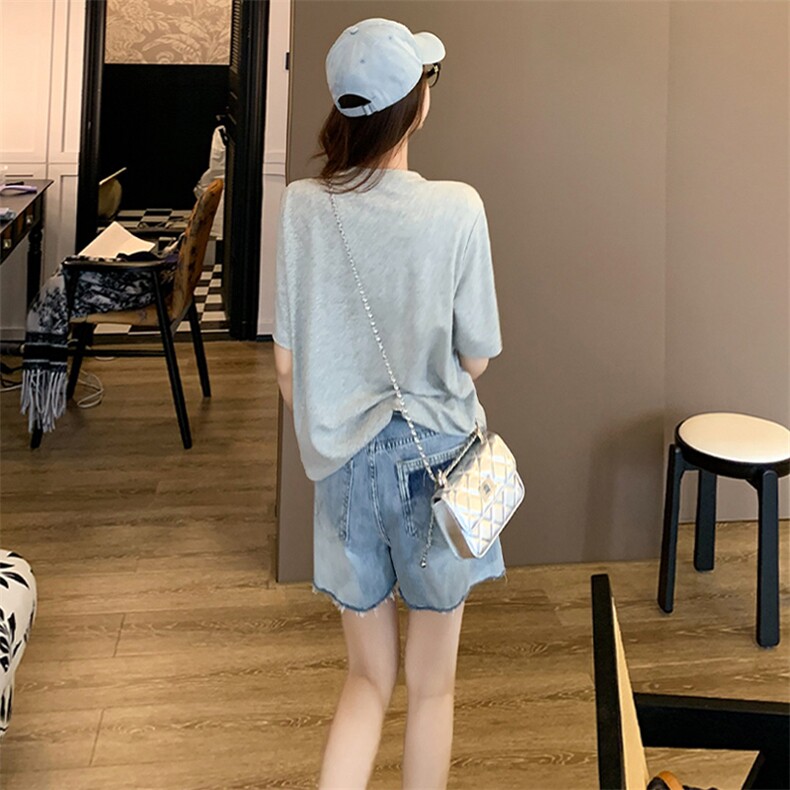 简约个性休闲时尚套装女夏季新款圆领短袖印花上衣牛仔短裤两件套,女装套装/套裙,江南