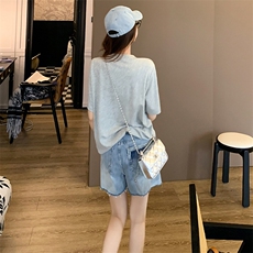 简约个性休闲时尚套装女夏季新款圆领短袖印花上衣牛仔短裤两件套，女装套装/套裙，江南