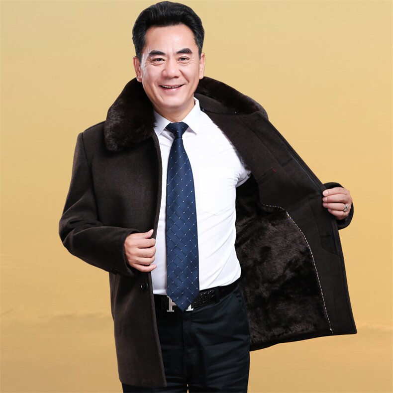 8019/中老年呢大衣中长款爸爸冬季加绒加厚大毛领大衣外套图片