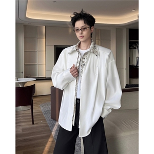 潮流休闲花卉印花领翻领假两件休闲长袖衬衫上衣男潮特P52图片