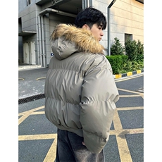现货三防重磅硬挺boxy短款羽绒棉衣座山雕大毛毛领PU皮棉服外套冬，男装棉衣，电商A486-1