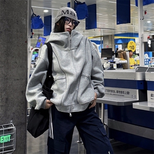 抖音得物高品质秋冬美式高街重磅结构辑明线纹理连帽卫衣外套W111图片