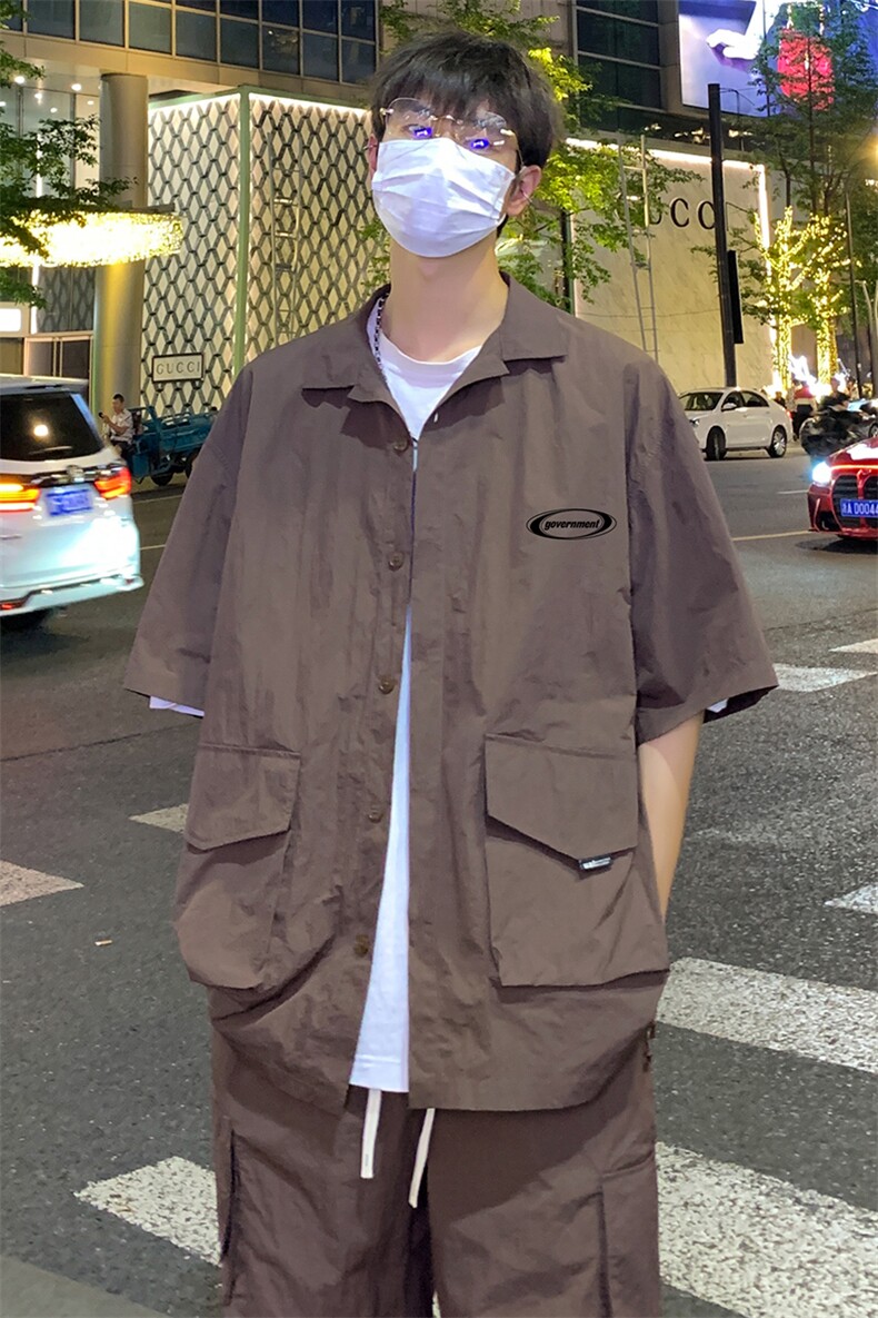 港风新款夏季时尚开衫工装短袖美式垂感短裤套装TZ613801P75控98,男装牛仔裤,电商A268A