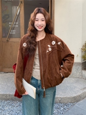 咖色刺绣麂皮绒外套女2025秋季新款超好看复古宽松小个子圆领上衣，女装短外套，浙宝101