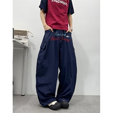 字母刺绣弯刀阔腿裤男女夏季宽松褶皱速干街舞休闲长裤KA8036，男装休闲裤，星座1116A（原606A-3）