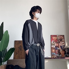 韩宽松潮流拼接撞色无领V领衬衫男士长袖上衣高级垂感免烫衬衣，男装衬衫，星座506A
