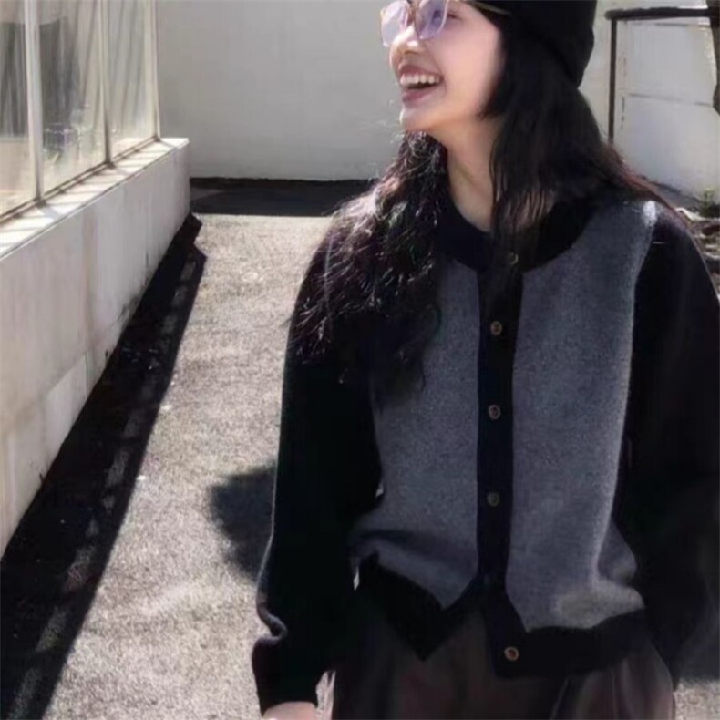 秋冬新款羊毛撞色圆领开衫简约个性显瘦保暖外套,女装羊毛衫,旭驰羊绒