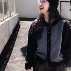 秋冬新款羊毛撞色圆领开衫简约个性显瘦保暖外套，女装羊毛衫，旭驰羊绒
