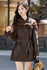 复古酷飒御姐风PU皮衣外套女2025秋季新款中长款时髦洋气系带风衣，女装皮衣，流量+