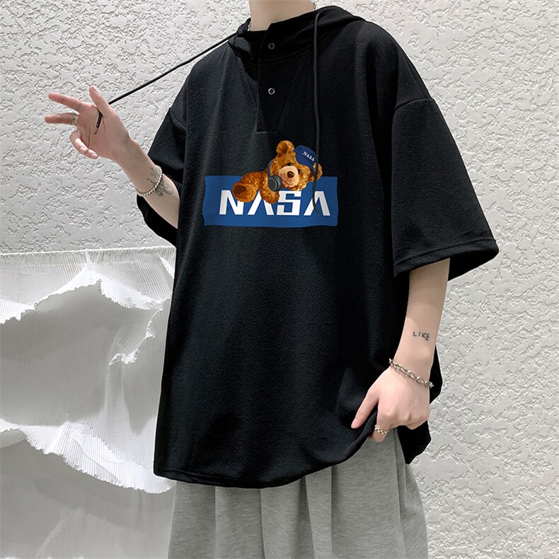 LD54247-P45NASA连帽短袖t恤男大码胖子带帽五分袖中袖,男装T恤,电商A040