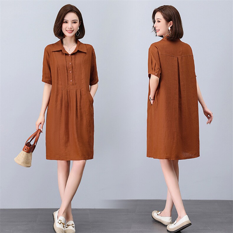 棉麻连衣裙女夏季2024新款大码宽松中年妈妈遮肉显瘦中长款衬衫裙，女装连衣裙，玛其路