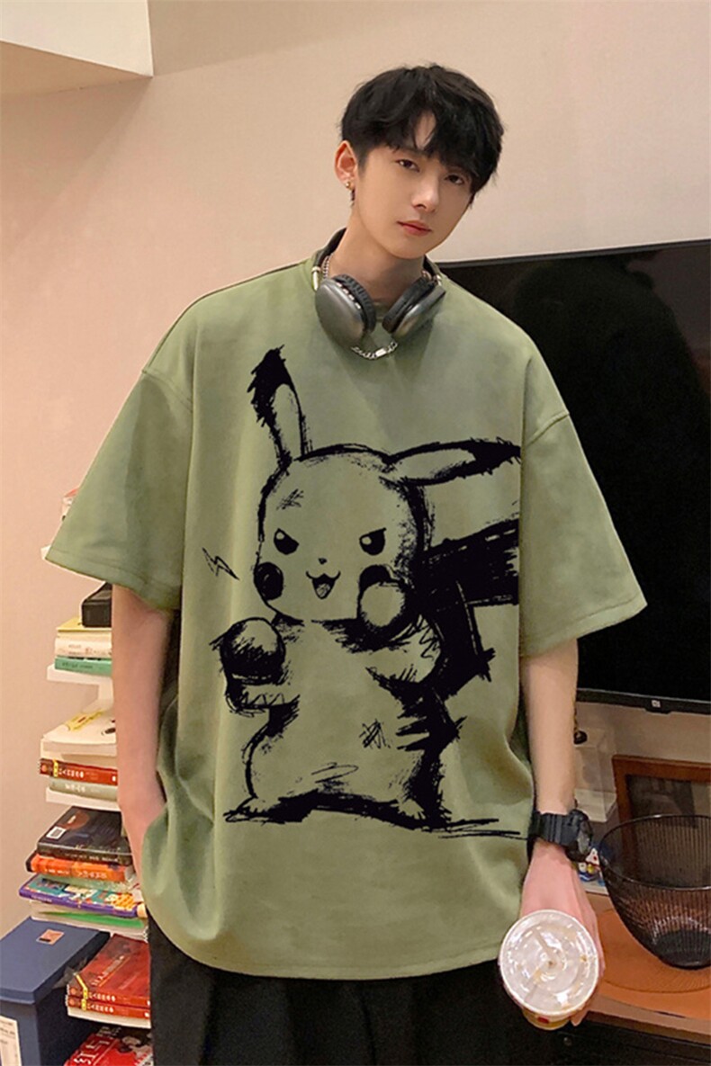 ！24夏季新款宽松大码港风皮卡丘短袖麂皮绒T恤TJ61-特p19,男装T恤,星座508（原C305）