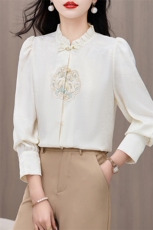 现货娃娃领长袖衬衫女复古设计感小众春季2024新款宽松衬衣，商品下架区，韩然一族