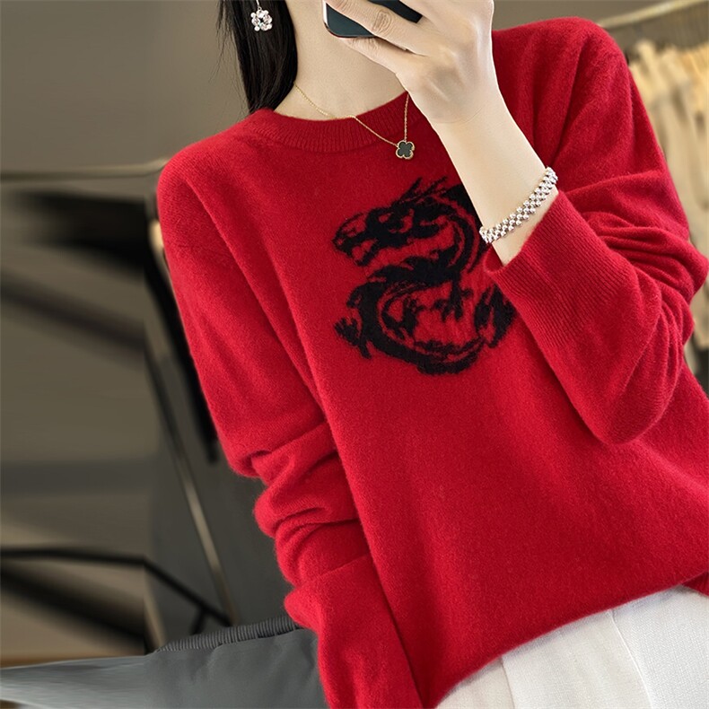 时尚潮流通勤常规2024年秋冬季新款圆形龙图案羊毛圆领羊毛衫,女装羊毛衫,丽特绒
