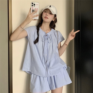 休闲运动宽松蓝色衬衫短裤套装女夏2025新款两件套小个子时尚减龄图片