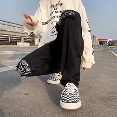 美式复古腰果花拼接牛仔裤高街修身小脚显瘦长裤休闲潮男N102/P40，男装牛仔裤，星座506