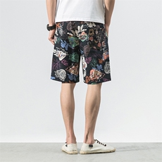 夏季情侣沙滩花棉麻短裤潮大码宽松日系港风休闲五分裤薄K03/P20，男装牛仔裤，钱塘713