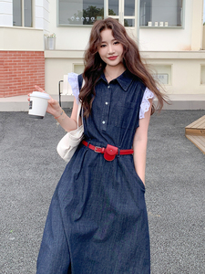 蓝色牛仔翻领连衣裙女2025年夏季新款时尚独特绝美收腰显瘦长裙子图片